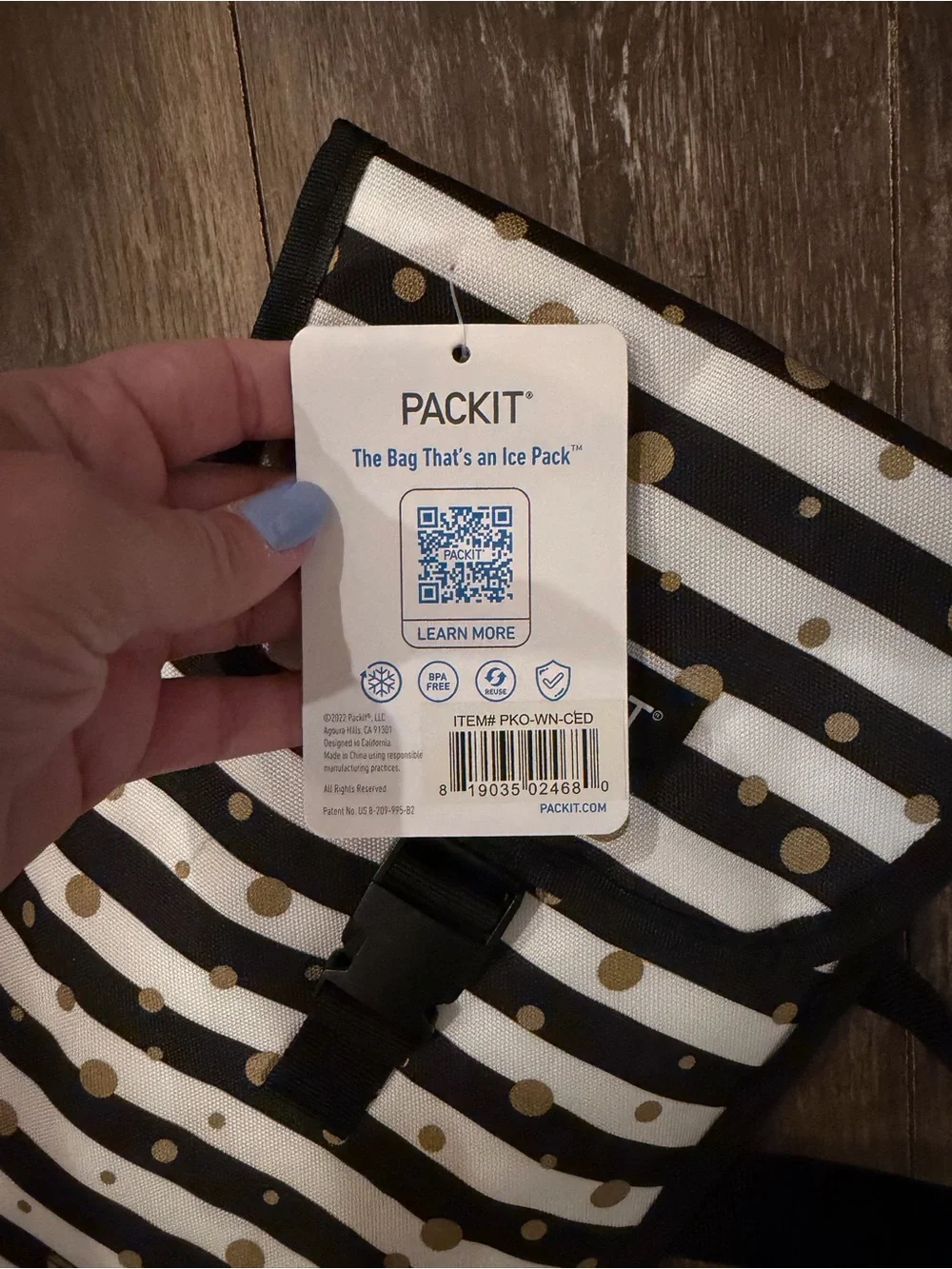 PackIt Insulated Wine Bag- Black & White Stripe with Gold Dots
